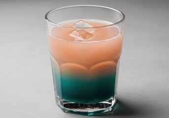 Refreshing two-toned drink with ice in a glass on a gray background
