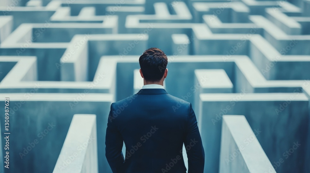 Poster a rear view of a businessman in a suit standing before a large, complex maze, symbolizing decision-m