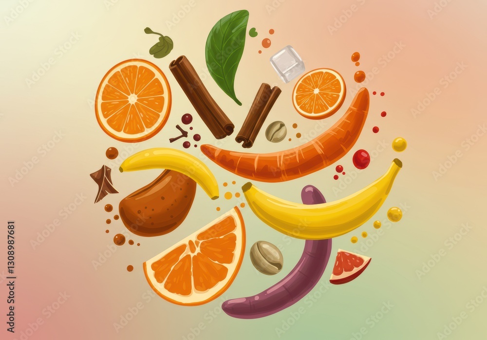 Poster abstract composition of fruits and spices with gradient background