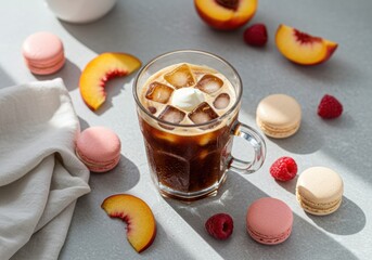 Refreshing iced coffee with whipped cream surrounded by macarons and fresh peaches on a sunny day