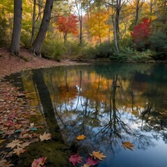 Fototapeta premium Sunshine and Stillness: A Tranquil Pond in Autumn’s Glow