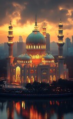 Naklejka premium Majestic Illuminated Mosque at Sunset with Skyscrapers and Reflections