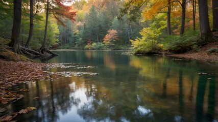 Fototapeta premium Autumn’s Light: A Serene Pond in a Radiant Forest Setting
