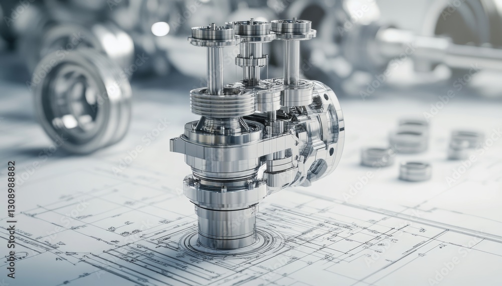 Aufkleber detailed mechanical engineering blueprint of engine parts with industrial design elements and bokeh
