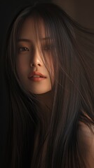 A Young Woman With Long Dark Hair Partially Obscuring Her Face