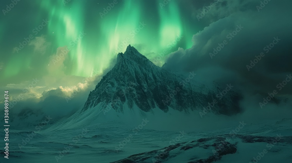 Poster a mesmerizing view of the aurora borealis lighting up the sky, with a single, sharp mountain peak st
