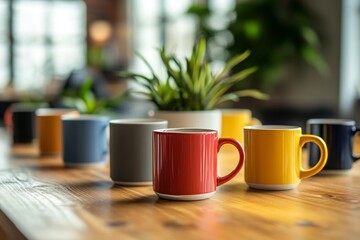 Vibrant coffee mugs and stationery on wooden table in a modern office with green plants
