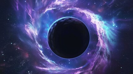 Abstract black hole in the dark sky with a glow of light, Black hole abstract with a swirling nebula and galaxies.