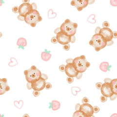 watercolor hand drawn brown teddy bear with pink hearts and strawberry on a white background, seamless pattern	