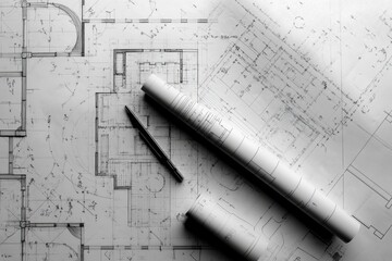 Architectural blueprints and design tools symbolize construction projects and interior planning