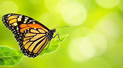 Fototapeta premium Monarch Butterfly on Green Leaf with Bokeh Background