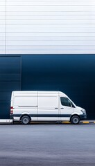 Side view of a delivery van on a loading dock by a modern warehouse with text space available