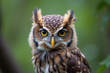 Fototapeta premium A close-up of an owl with distinct facial markings, perched and looking directly at the camera.