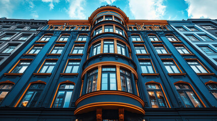 Elegant blue and gold building architecture under a bright sky showcasing urban design elements and historical character. Generative AI