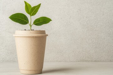 Biodegradable Cup With a Young Plant Growing Inside on a Neutral Surface