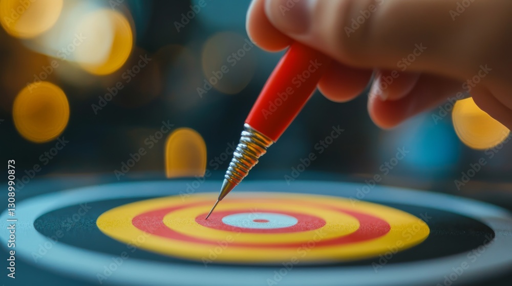 Poster a close-up of a hand carefully placing a pin on the bullseye of a brightly colored dartboard. the im