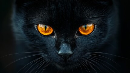 Striking Portrait of a Black Cat with Glowing Orange Eyes in Dim Light