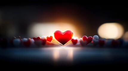 A glowing heart at the center of a network, representing the spread of happiness through interconnected actions, in the style of infographic design