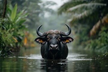 Naklejka premium A water buffalo standing in a shallow river on a hot day, with lush greenery surrounding the water