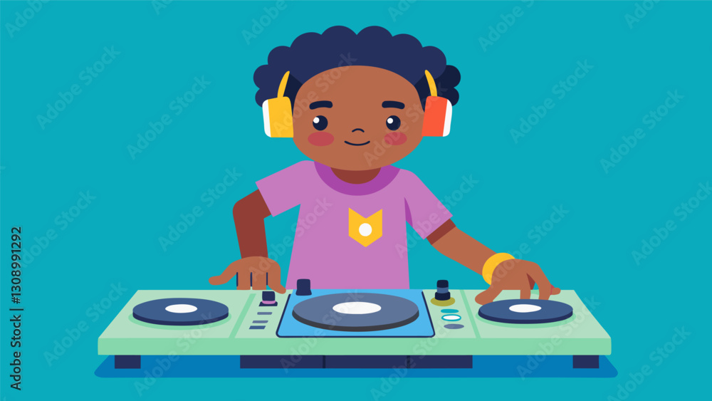 Poster with intense focus the child dj adjusts the pitch and tempo on their digital turntables creating a d