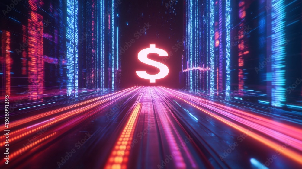 Poster a digital visualization showcasing a glowing red dollar symbol surrounded by neon-lit data streams. 