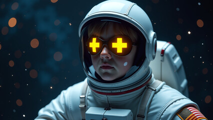 astronaut wears eye patches bright yellow crosses