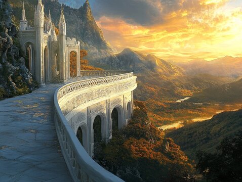 Concept art of a white stone wall that forms an endless circular balcony in front of an elven castle, featuring elvish architecture in a fantasy setting with a beautiful landscape and a sunset