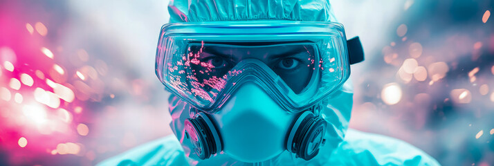 Hazmat hero: A frontline worker in protective gear confronts an unseen hazard, a portrait for pandemic awareness and medical research