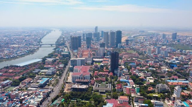 Phnom penh city, showing the chamkar mon district and city skyline, aerial view