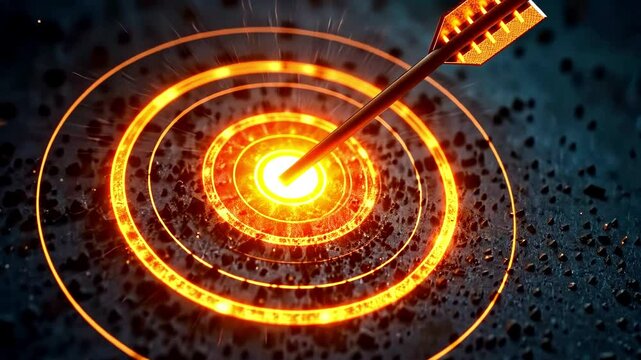 An arrow strikes the center of a bright target, surrounded by glowing embers and a dark, atmospheric background
