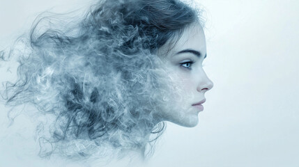Ethereal portrait of a young woman with flowing hair blending into misty clouds at a serene atmosphere. Generative AI