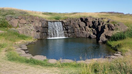 Obraz premium Scenic basalt rock waterfall cascading into a tranquil pond on a sunny summer afternoon.