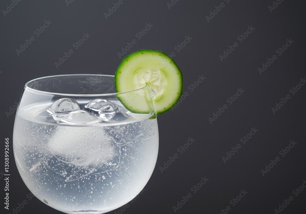 Poster refreshing cucumber gimlet with ice cubes on simple dark background