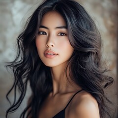Naklejka premium A Young Woman With Long Dark Wavy Hair