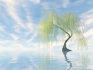Obraz premium Willow tree on water, peaceful sky