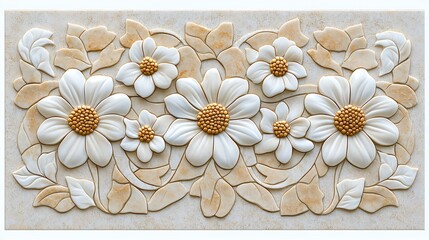 Beige and White Floral Relief with Gold Accents