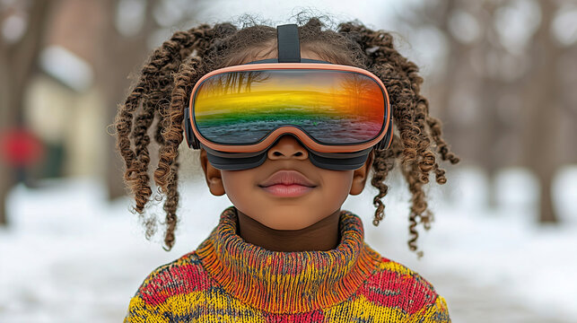 Child wearing virtual reality goggles outside in the snow during winter, showcasing colorful reflections on the lenses. Generative AI