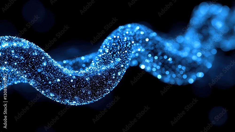 Poster bright blue glowing wave of particles swirling in a dark background showcases intricate patterns and