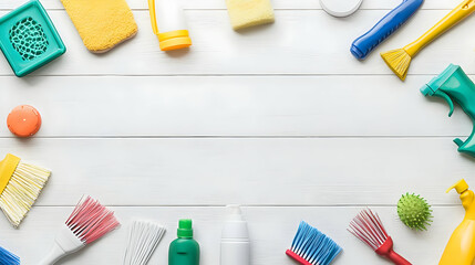 Cleaning Tools Arrangement on White Wooden Background with Colorful Supplies