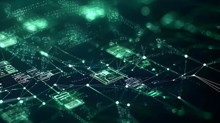 Fototapeta premium Abstract Digital Network with Green Lights and Connected Dots in a Futuristic Design