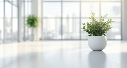 A white, modern office interior with plants in the foreground, blurred desks and chairs behind it.