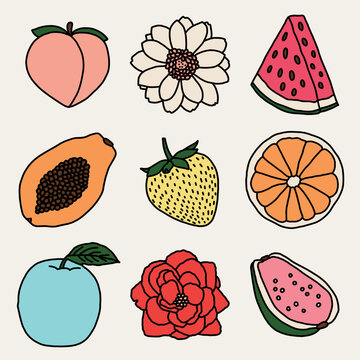 Whimsical Fruit Icons: Peach, Watermelon, Orange