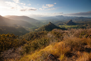 Sunset, view to Mount Warning, Wollumbin, Mebbin, Border Ranges, Mount Jerusalem National Park,...