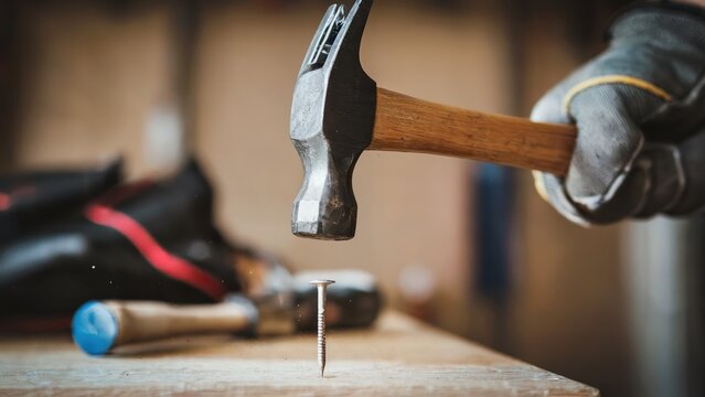 A man is hammering a nail into a piece of wood. The hammer is black and the nail is silver