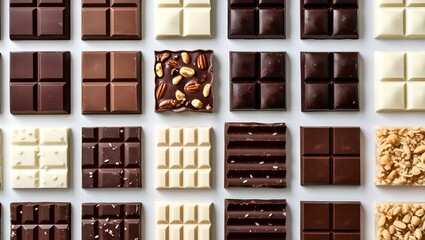 Obraz premium Several chocolate bars arranged in a grid on a white background. Chocolate comes in a variety of types and textures, such as smooth milk chocolate, dark chocolate, and white chocolate.