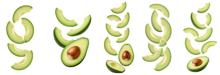 avocado set png. avocado slices falling down for organic food campaigns png. tasty, organic and fresh avocado fruit isolated. avocado fruit with lots of unsaturated fats for healthy meals png