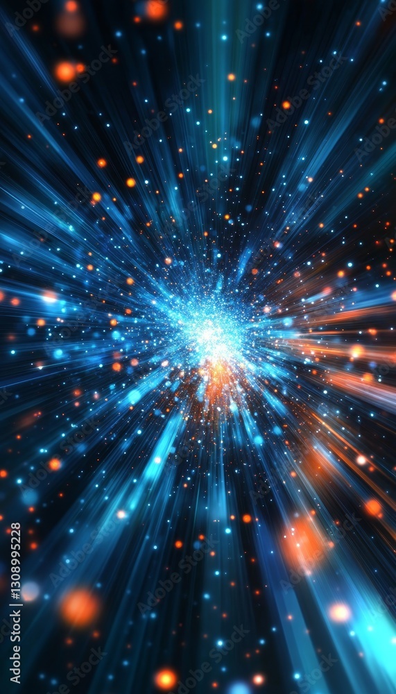 Poster abstract warp speed blue and orange light streaks converge in space, creating bokeh circles.