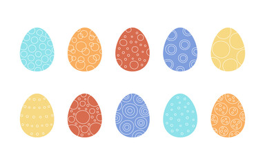 Decorated lines color Easter eggs set. Egg in flat hand drawn style. Festive traditional meal decorated eggs. Vector illustration