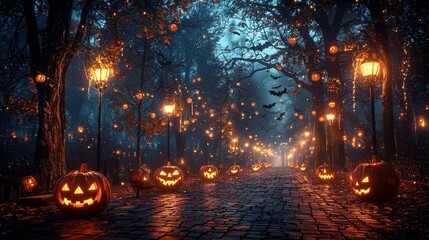 Eerie Halloween Night: A Spooky Park Scene with Glowing Jack-o'-Lanterns and Misty Atmosphere