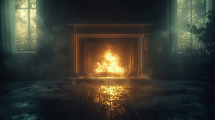 Fototapeta premium Winter Warmth: Fireplace Radiating Comfort on a Cold Evening, Interior Ambiance